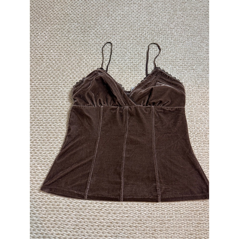 No Boundaries Brown Velvet Lace Trim Cami Top baby doll Y2K tank coquette twee